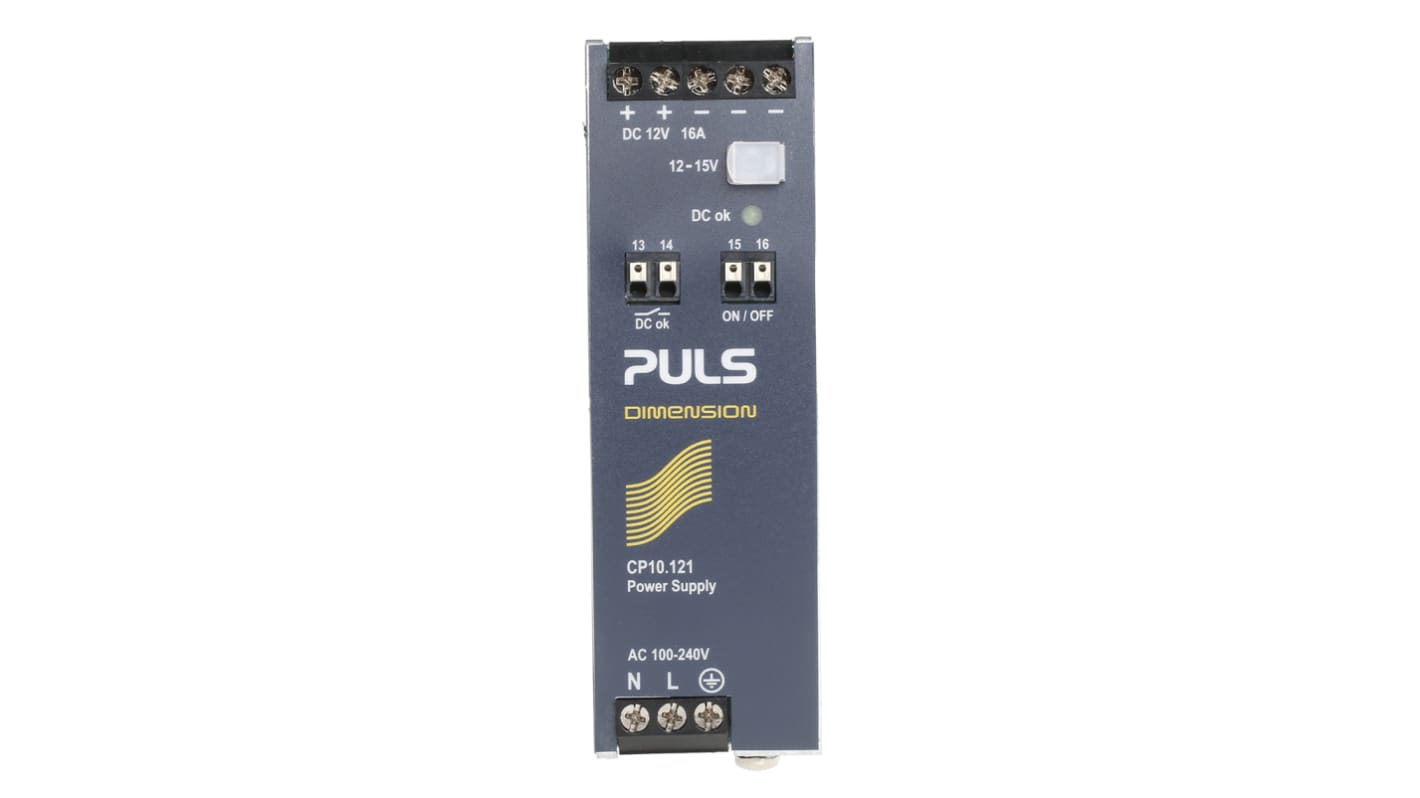 PULS DIMENSION DIN Rail Power Supply, 100 → 240V ac ac, dc Input, 12V dc dc Output, 16A Output, 192W