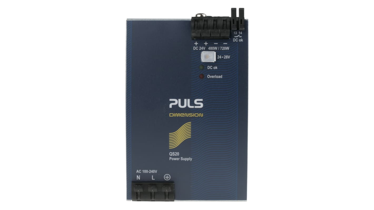 PULS DIMENSION Q Switch Mode DIN Rail Power Supply, 100 → 240V ac ac, dc Input, 24V dc dc Output, 20A Output,