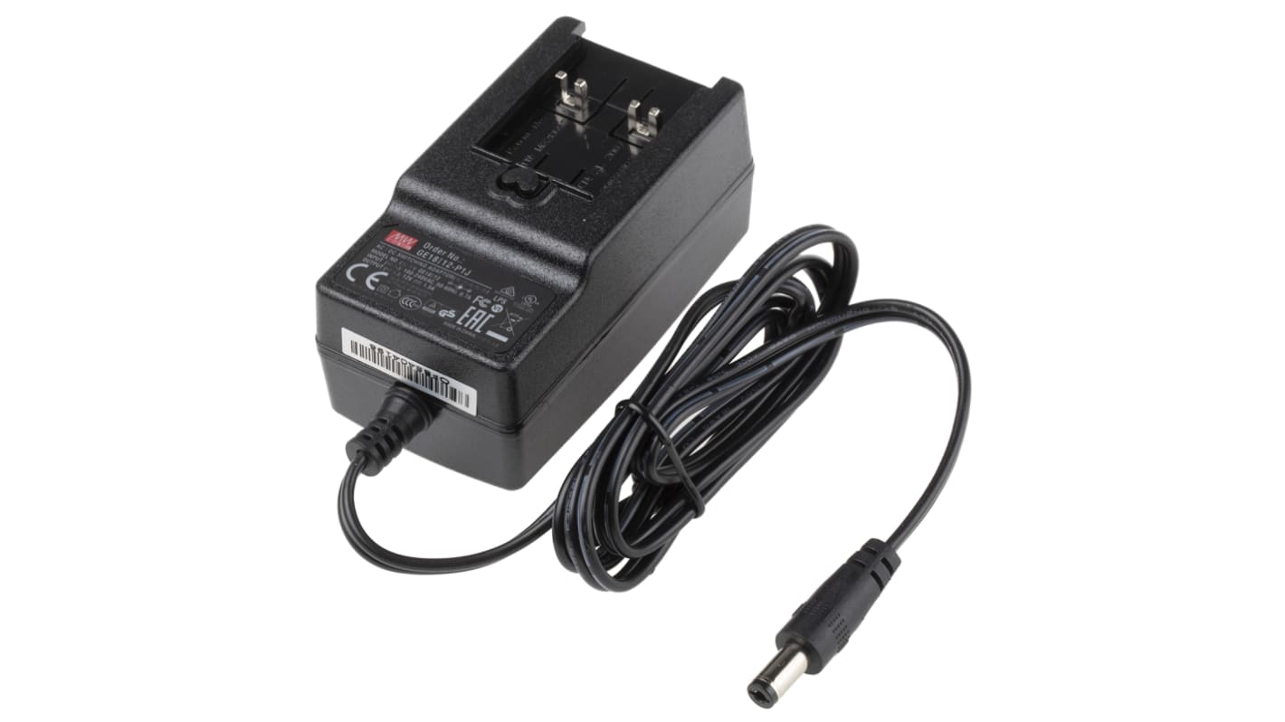 Mean Well 18W Plug-In AC/DC Adapter 12V dc Output, 1.5A Output