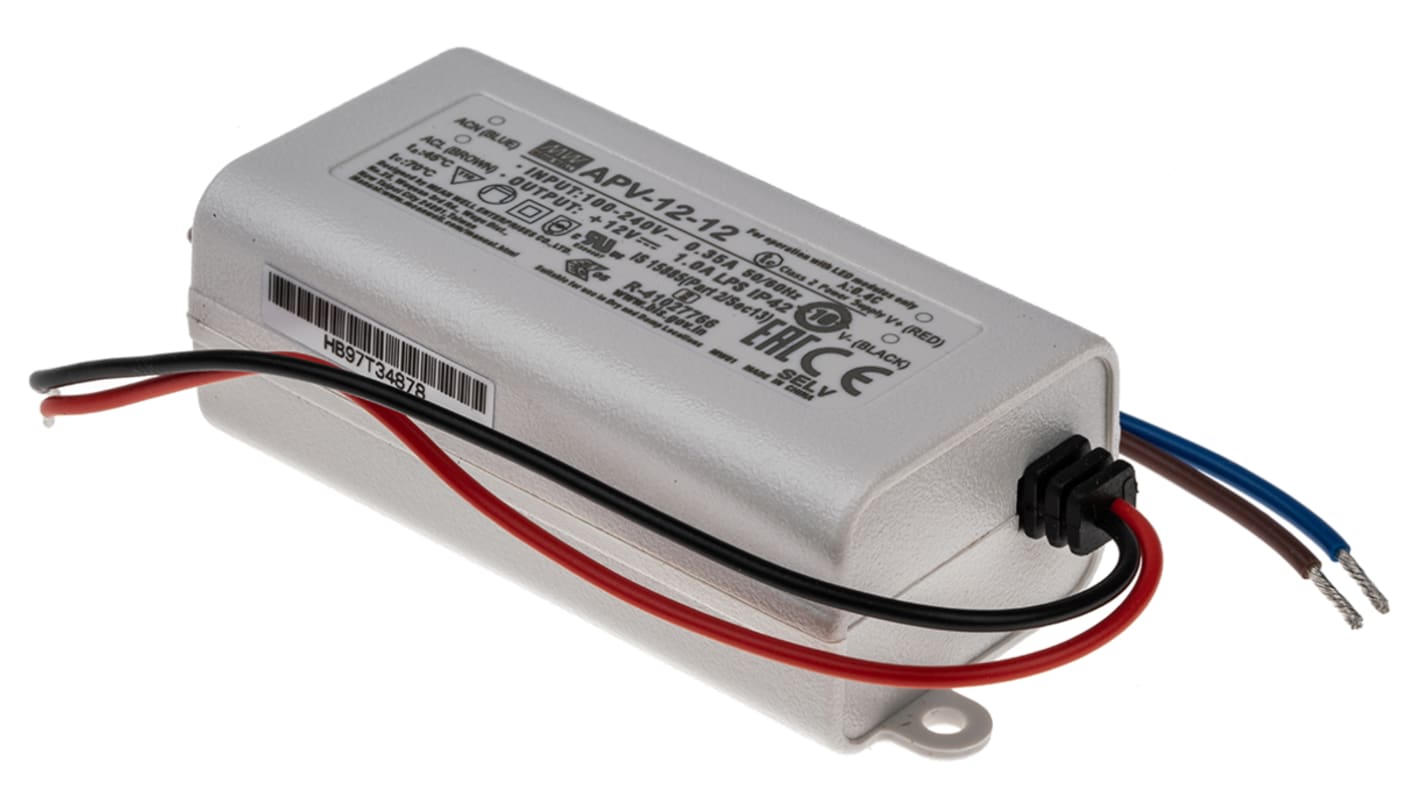 Mean Well LED Driver, 12V Output, 12W Output, 1A Output, Constant Voltage