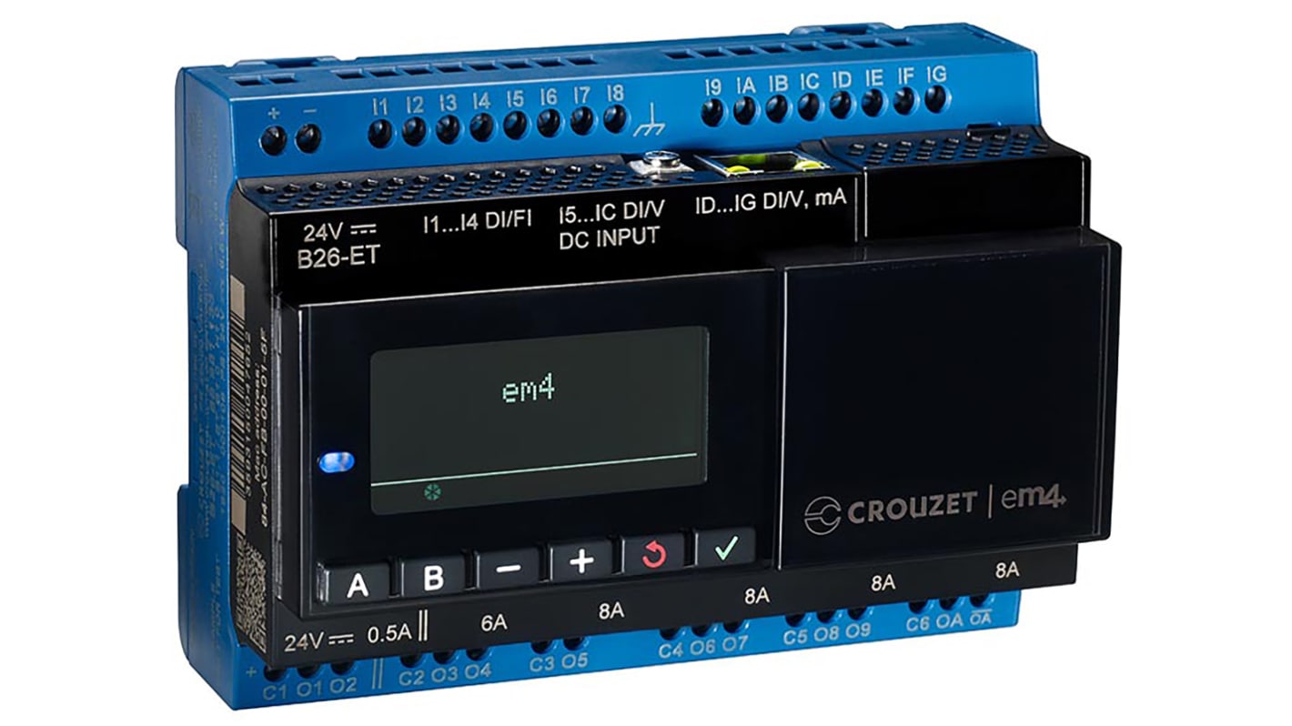 Crouzet, em4, PLC CPU - 12 (Digital/Analogue), 4 (Digital) Inputs, 2 (PWM), 8 (Relay) Outputs, PWM, Relay