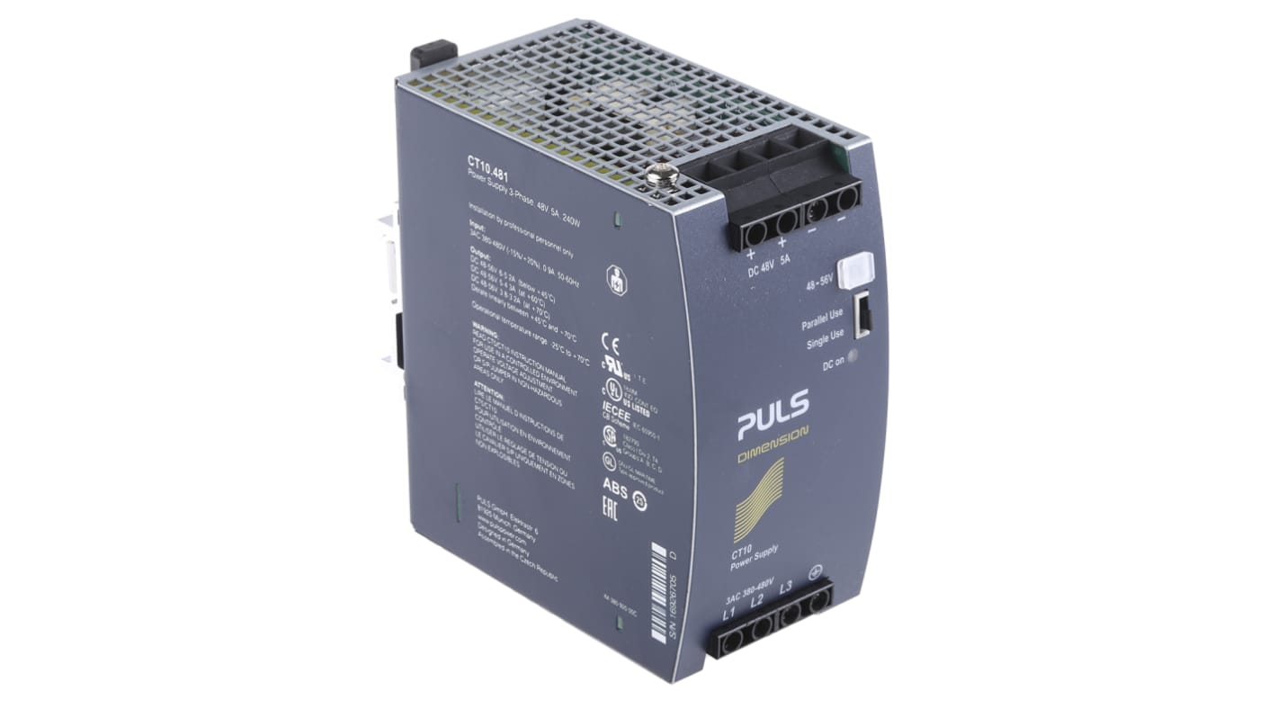 PULS DIMENSION C-Line Switch Mode DIN Rail Power Supply, 380 → 480V ac ac Input, 48V dc dc Output, 5A Output,
