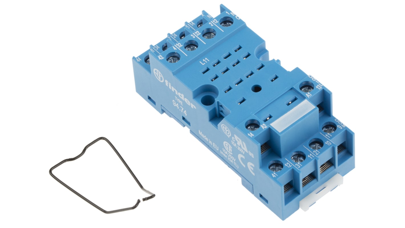 Finder 94 Relay Socket for use with 55.34 Series Relay 14 Pin, DIN Rail, Panel Mount, 250V ac