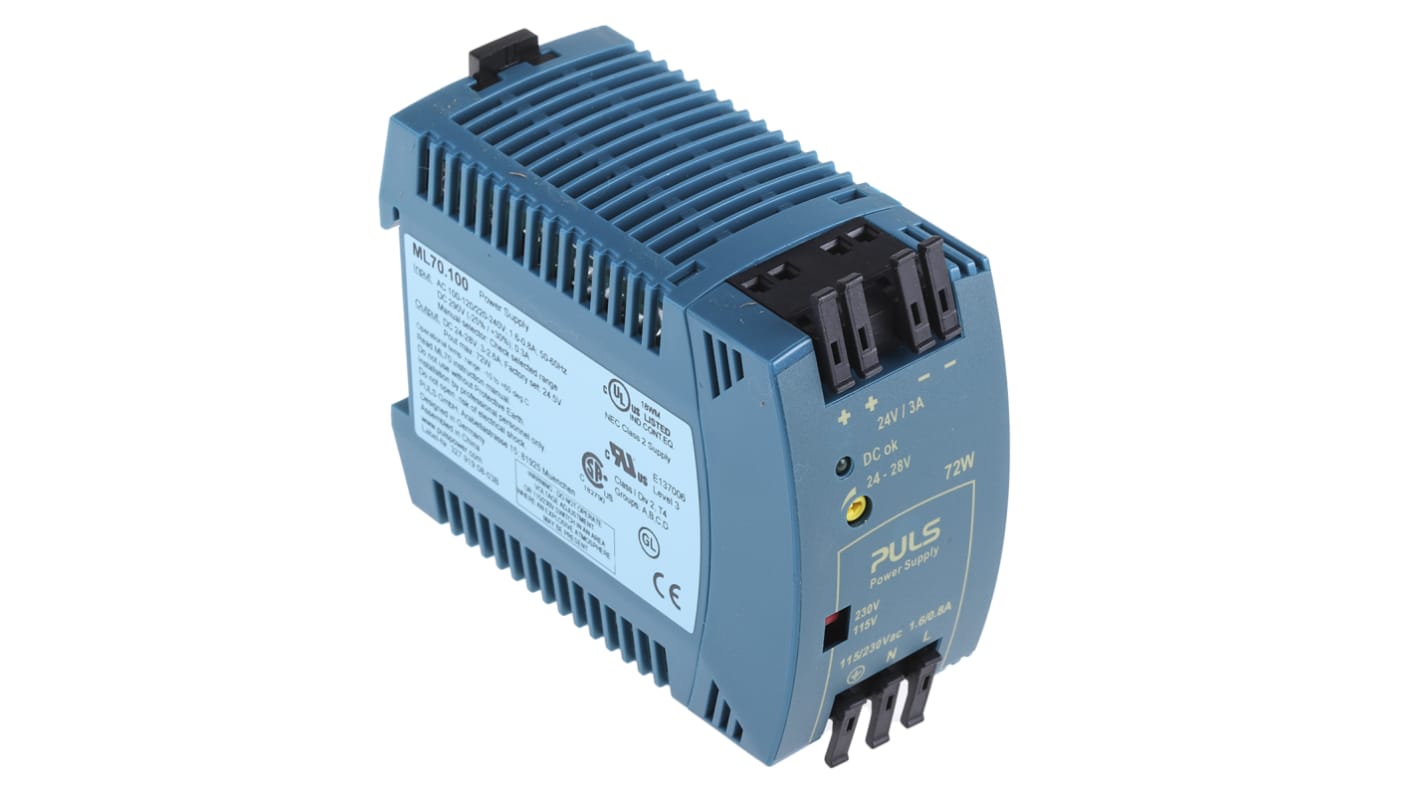 PULS MiniLine MLY Switch Mode DIN Rail Power Supply, 220 → 240V ac ac, dc Input, 24V dc dc Output, 3A Output, 72W