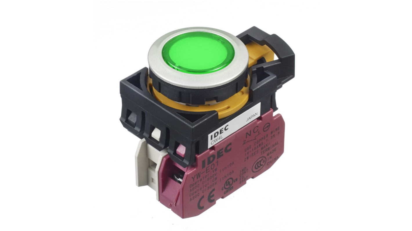 Idec CW Series Illuminated Push Button, Panel Mount, SPST, 22mm Cutout, IP65