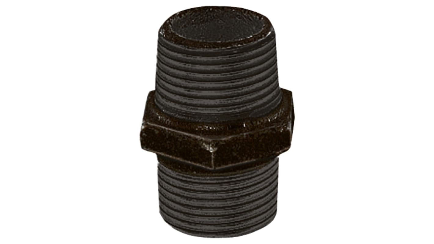 Georg Fischer Black Oxide Malleable Iron Fitting Hexagon Nipple, Male BSPT 1/2in to Male BSPT 1/2in