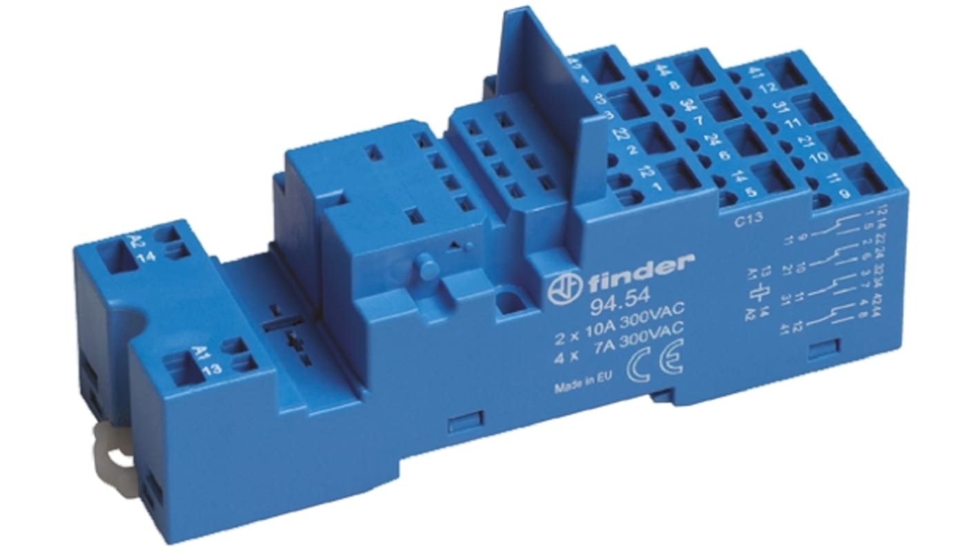 Finder 94 Relay Socket for use with 55.32 - 55.34 Series Relays and 85.04 Series Timers, DIN Rail, 250V ac