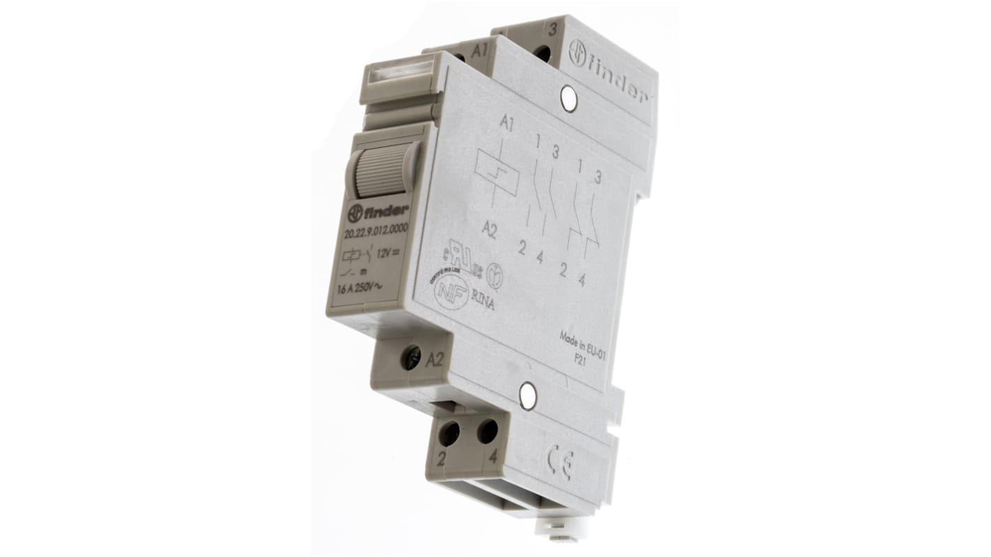 Finder DIN Rail Latching Power Relay, 12V dc Coil, 16A Switching Current, DPST