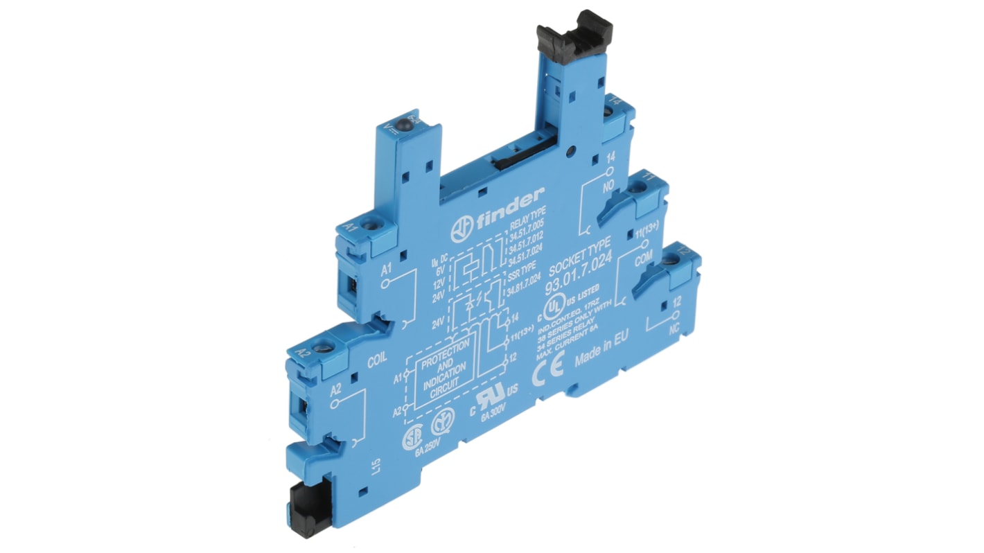 Finder 93 5 Pin 6→24V dc DIN Rail Relay Socket, for use with 34.81, 34.51 Series Relay