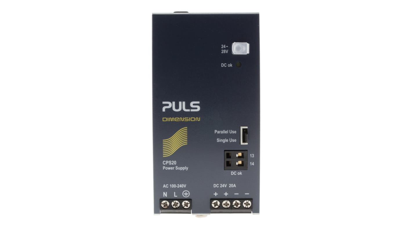 PULS DIMENSION C-Line DIN Rail Power Supply, 100 → 240V ac ac Input, 24V dc dc Output, 20A Output, 480W