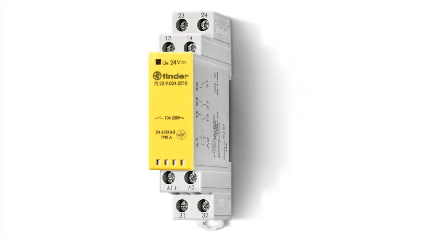Finder DIN Rail Non-Latching Relay with Guided Contacts , 12V dc Coil, 10A Switching Current, 3P