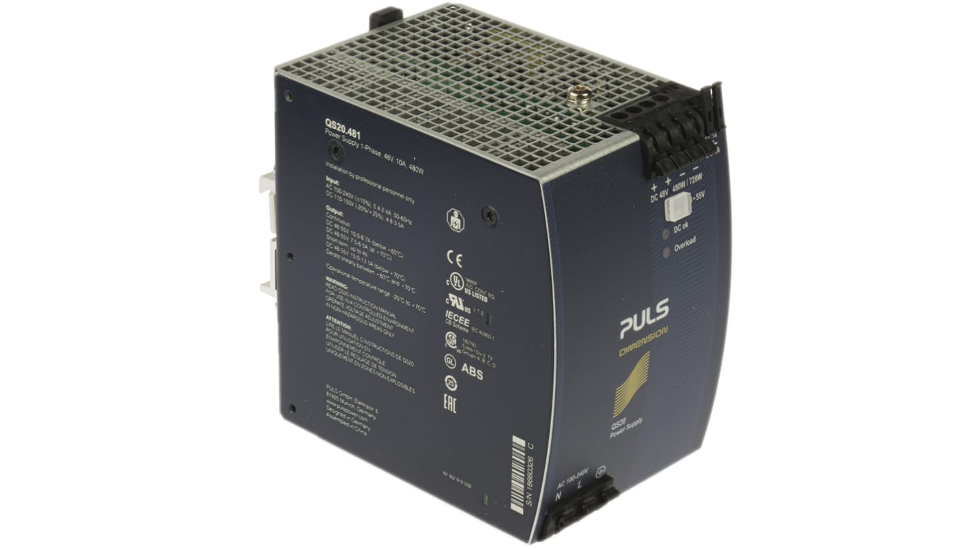 PULS DIMENSION Q Switch Mode DIN Rail Power Supply, 100 → 240V ac ac, dc Input, 48V dc dc Output, 10A Output,