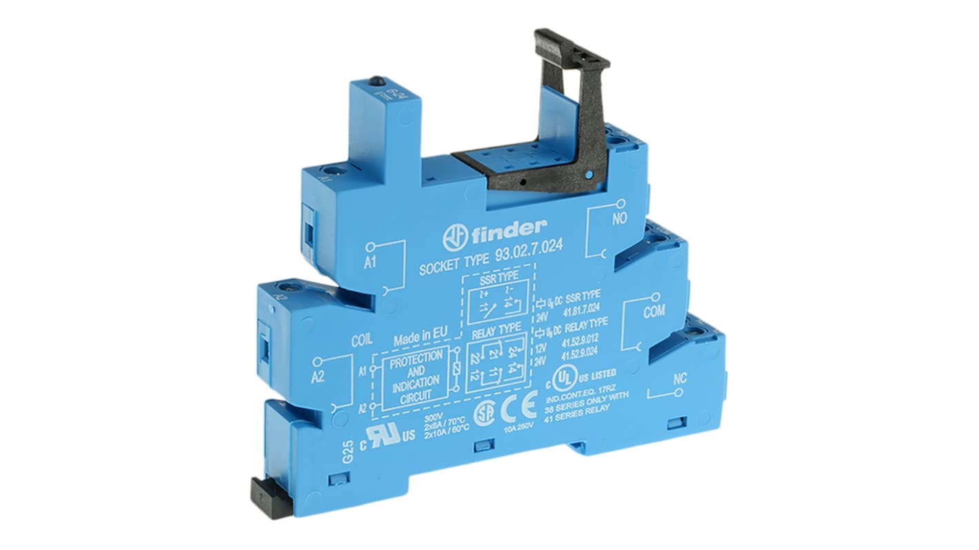 Finder 93 Relay Socket for use with 38.62, 38.52 Series Relay, DIN Rail, 24V dc