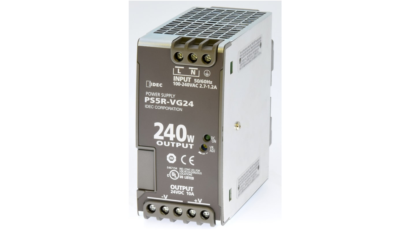 Idec PS5R DIN Rail Power Supply, 85 → 264V ac ac, dc Input, 24V dc dc Output, 10A Output, 240W