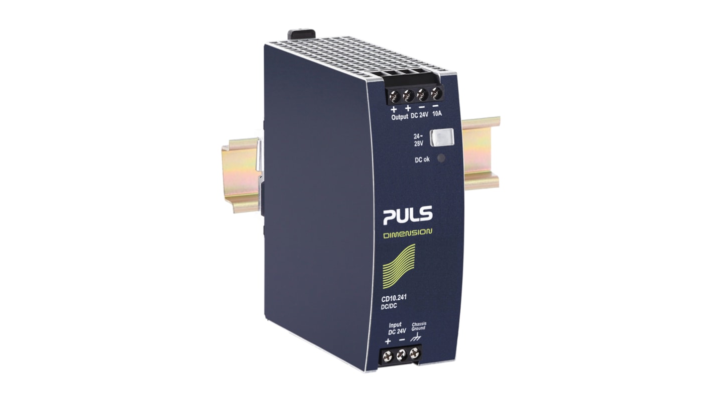 PULS CD DC-DC Converter, 24V dc/ 10A Output, 18 → 35 V dc Input, 240W, DIN Rail Mount, +70°C Max Temp -25°C Min