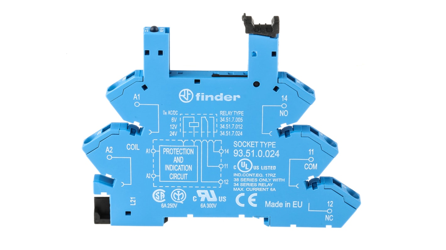 Finder 93 Relay Socket for use with 34.51 5 Pin, DIN Rail, 12V ac/dc