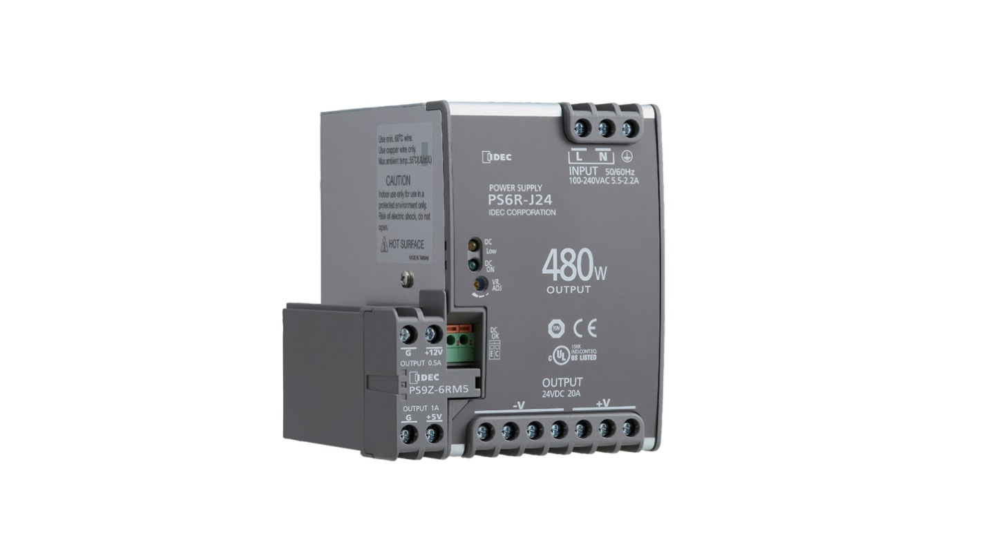 Idec PS6R DIN Rail Power Supply, 85 → 264V ac ac, dc Input, 24V dc dc Output, 20A Output, 480W