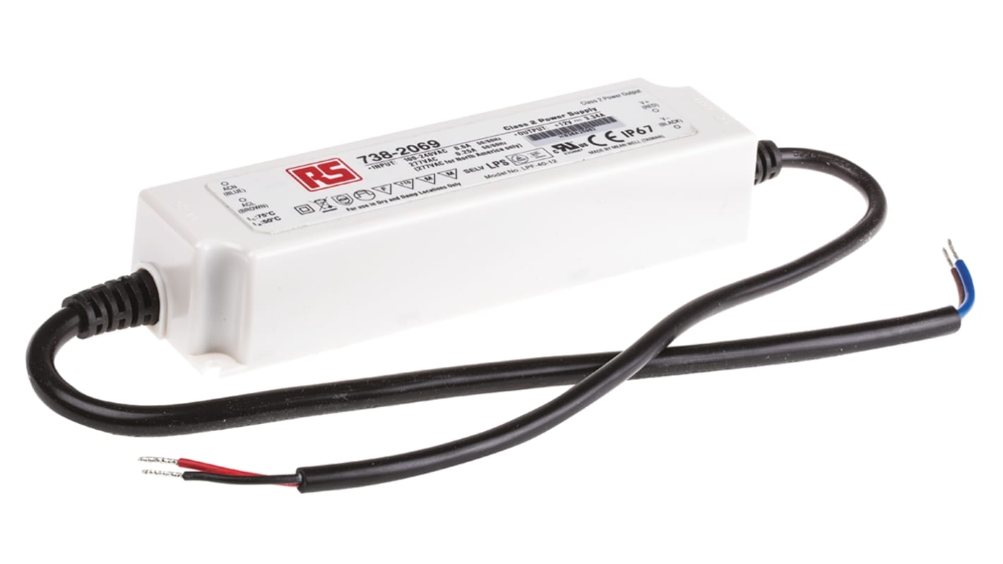 Mean Well LED Driver, 12V Output, 40.08W Output, 3.34A Output, Constant Voltage