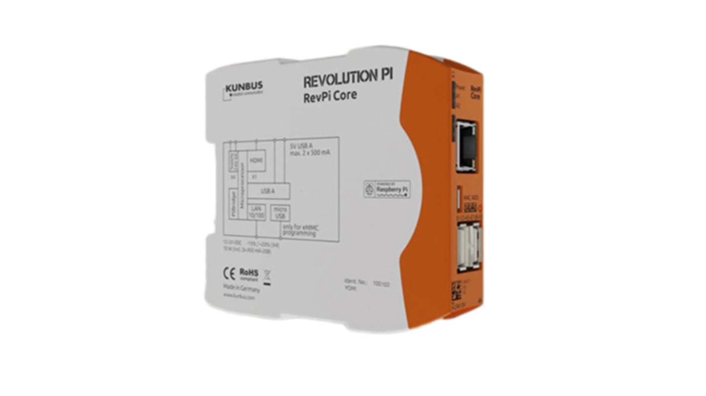 Kunbus RevPi Core, Industrial Computer, 700 MHz Quad-Core, BCM2835 700 MHz, 500 MB (RAM), 4 GB (Flash), Linux