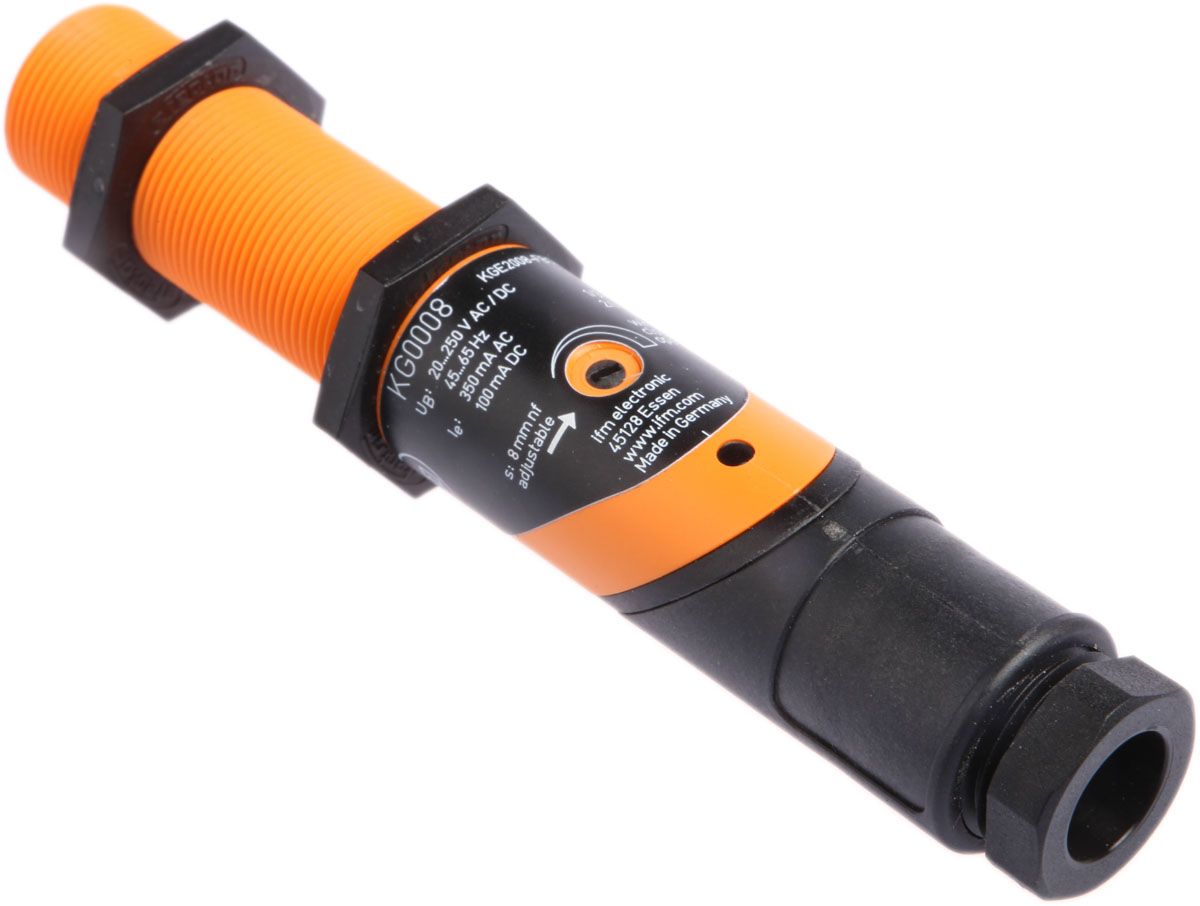 ifm electronic Capacitive Barrel-Style Proximity Sensor, M18 x 1, 8 mm Detection, 20 → 250 V ac/dc, IP65