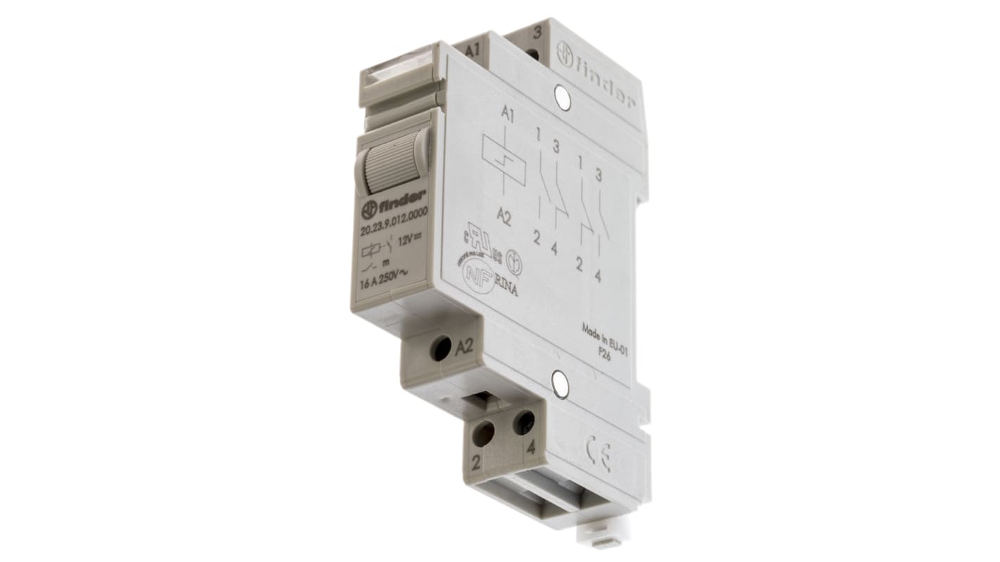 Finder DIN Rail Latching Power Relay, 12V dc Coil, 16A Switching Current, SP-NC, SP-NO