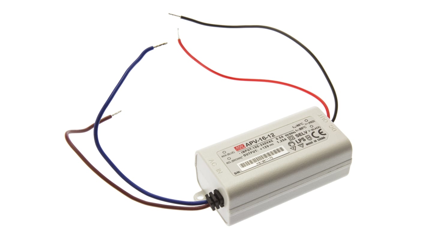 Mean Well LED Driver, 12V Output, 15W Output, 1.25A Output, Constant Voltage