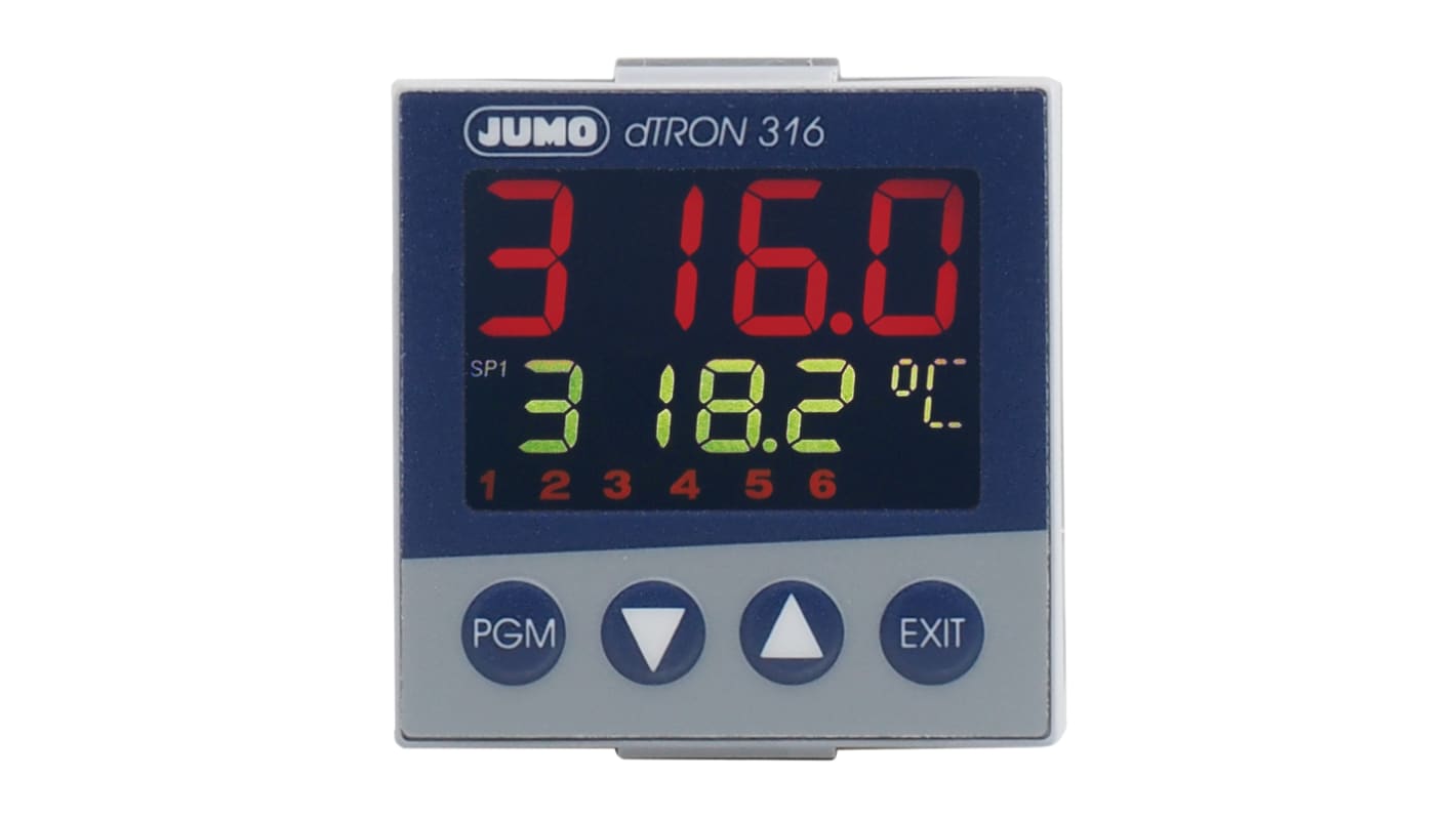 Jumo dTRON PID Temperature Controller, 48 x 48 (1/16 DIN)mm 1 (Analogue) Input, 1 Output Analogue, 110 → 240 V
