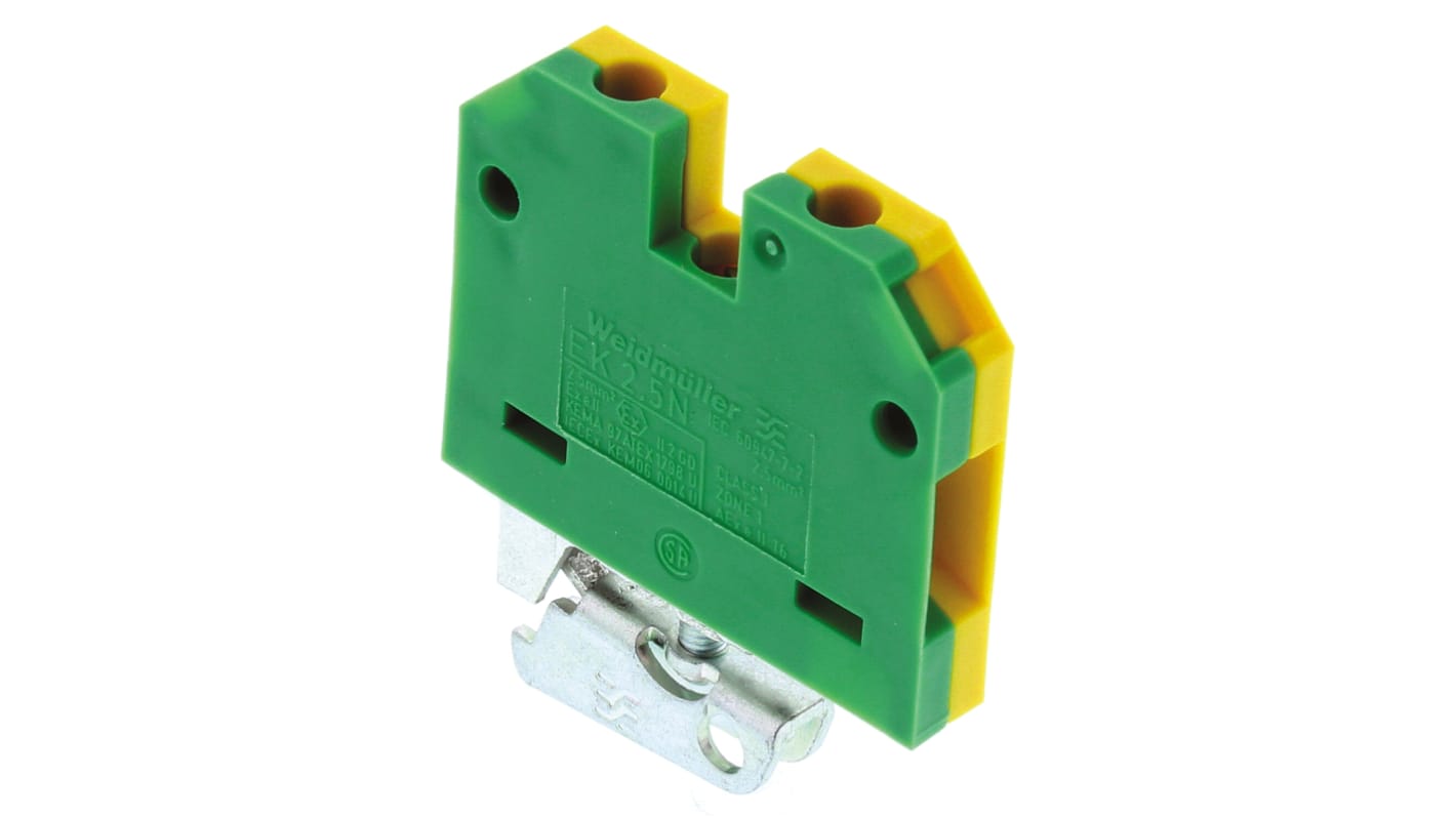 Weidmuller 2-Way EK 2.5 Earth Terminal Block, 26 → 12 AWG Wire, Screw Down, Nylon Housing, ATEX