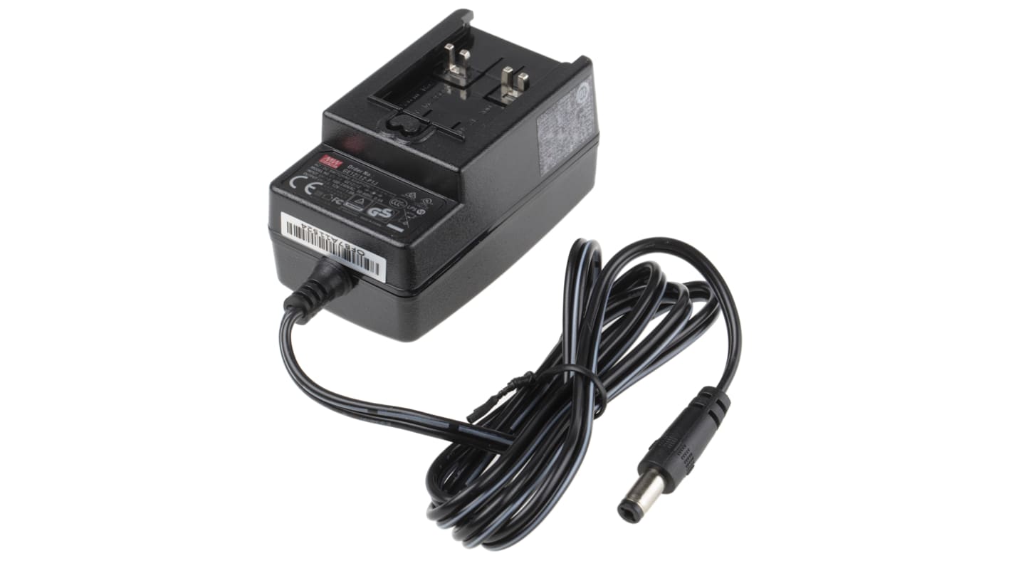 Mean Well 12W Plug-In AC/DC Adapter 12V dc Output, 1A Output