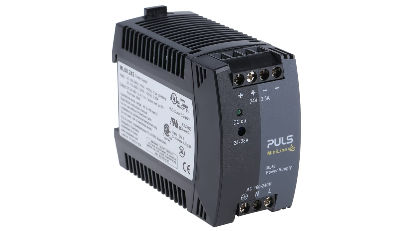 PULS MiniLine MLY Switch Mode DIN Rail Power Supply, 100 → 240V ac ac, dc Input, 24V dc dc Output, 2.5A Output,