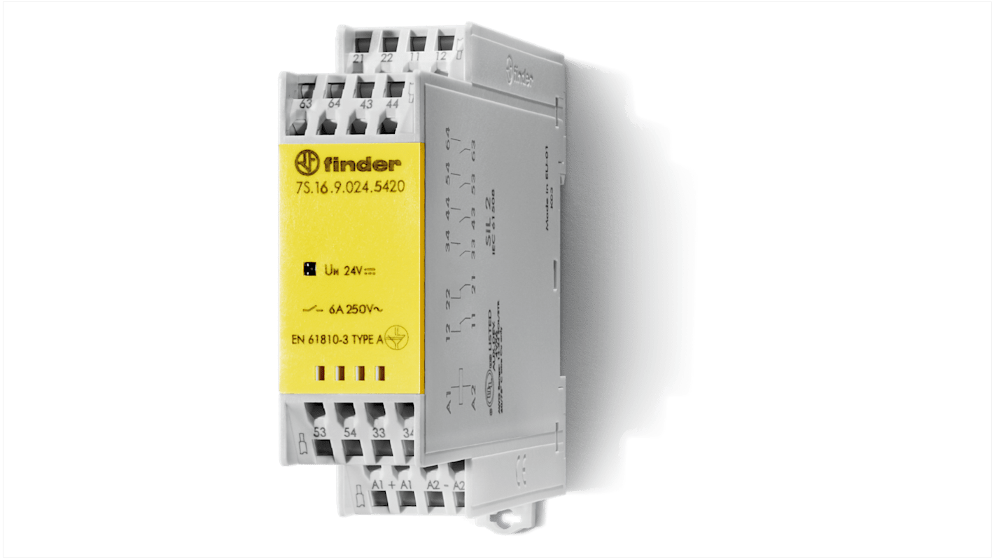 Finder DIN Rail Non-Latching Relay with Guided Contacts , 12V dc Coil, 6A Switching Current, 4NO/2NC