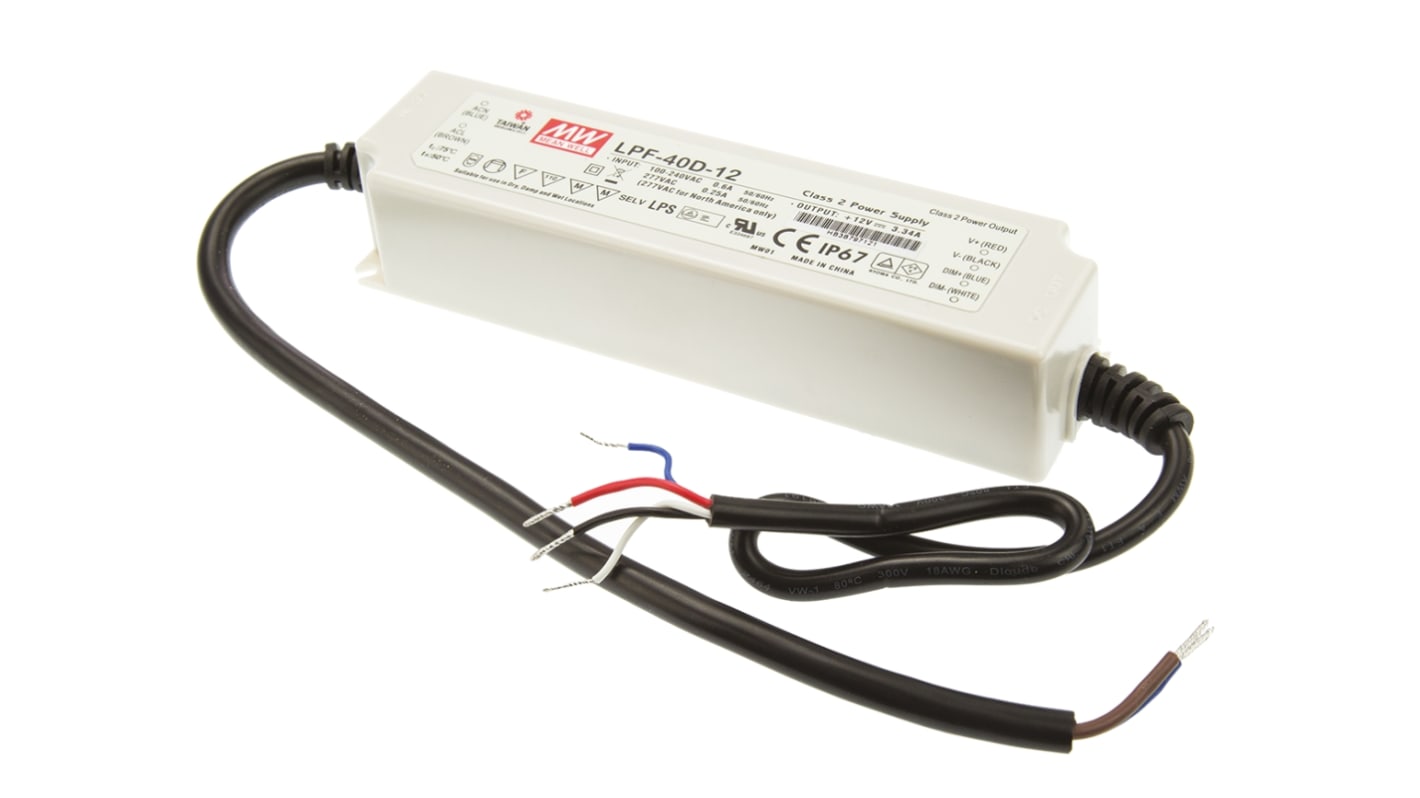 Mean Well LED Driver, 12V Output, 40.08W Output, 3.34A Output, Constant Voltage Dimmable