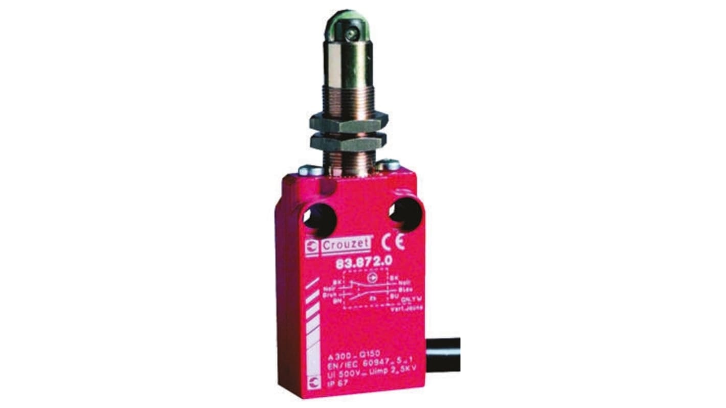 Crouzet Plunger Limit Switch, NO/NC, IP66, IP67, Metal Housing, 30V ac Max, 100mA Max