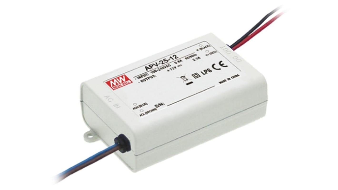 Mean Well LED Driver, 12V Output, 25.2W Output, 2.1A Output, Constant Voltage