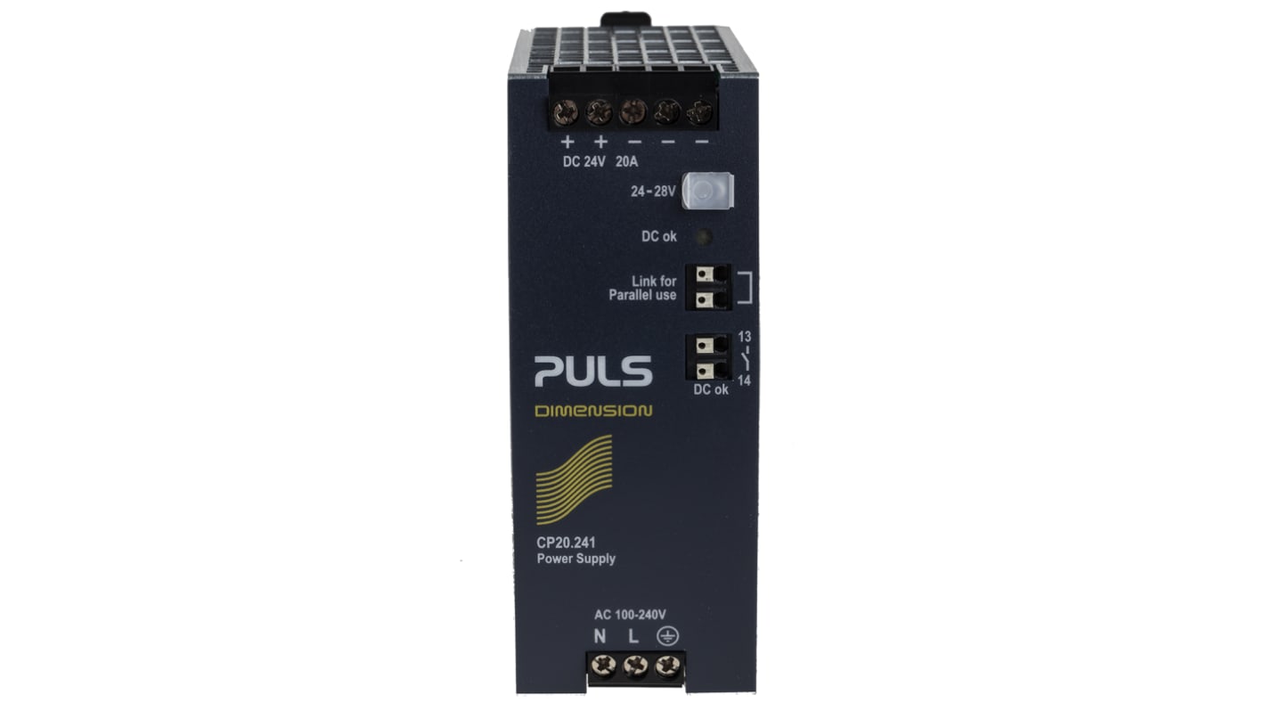 PULS CP DIN Rail Power Supply, 100 → 240V ac ac, dc Input, 24V dc dc Output, 20A Output, 480W