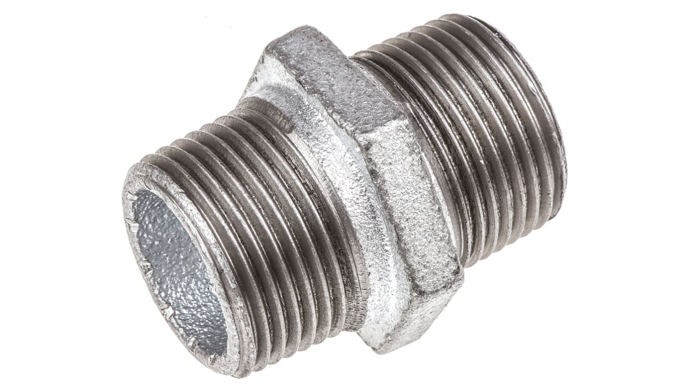 Georg Fischer Galvanised Malleable Iron Fitting Hexagon Nipple, Male BSPT 1in to Male BSPT 1in