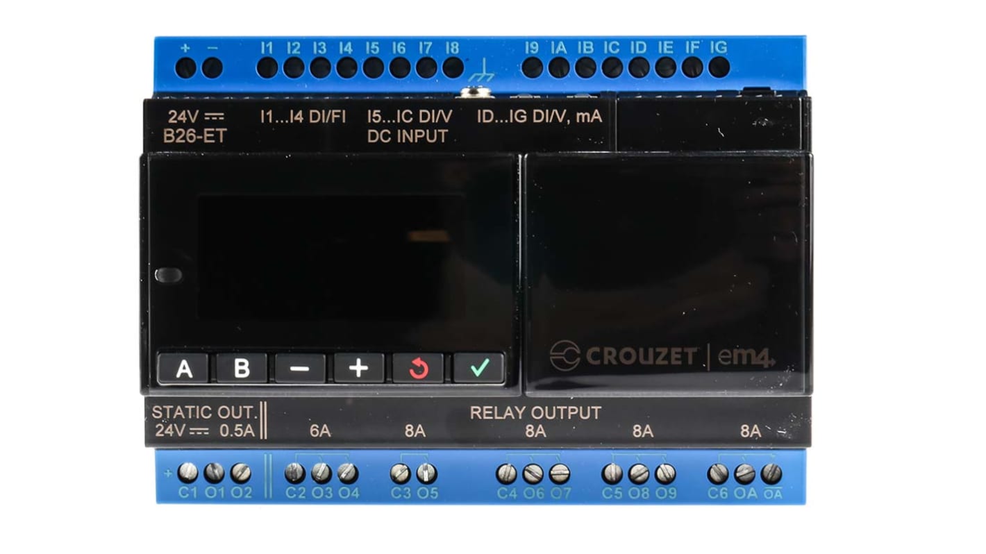 Crouzet, em4, PLC CPU - 12 (Digital/Analogue), 4 (Digital) Inputs, 2 (PWM), 8 (Relay) Outputs, PWM, Relay