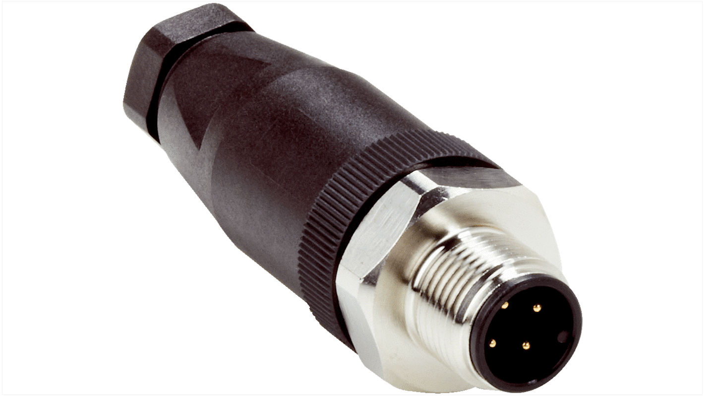 Connector, 4 Contacts, Cable Mount, M12 Connector, Plug, Male, IP67