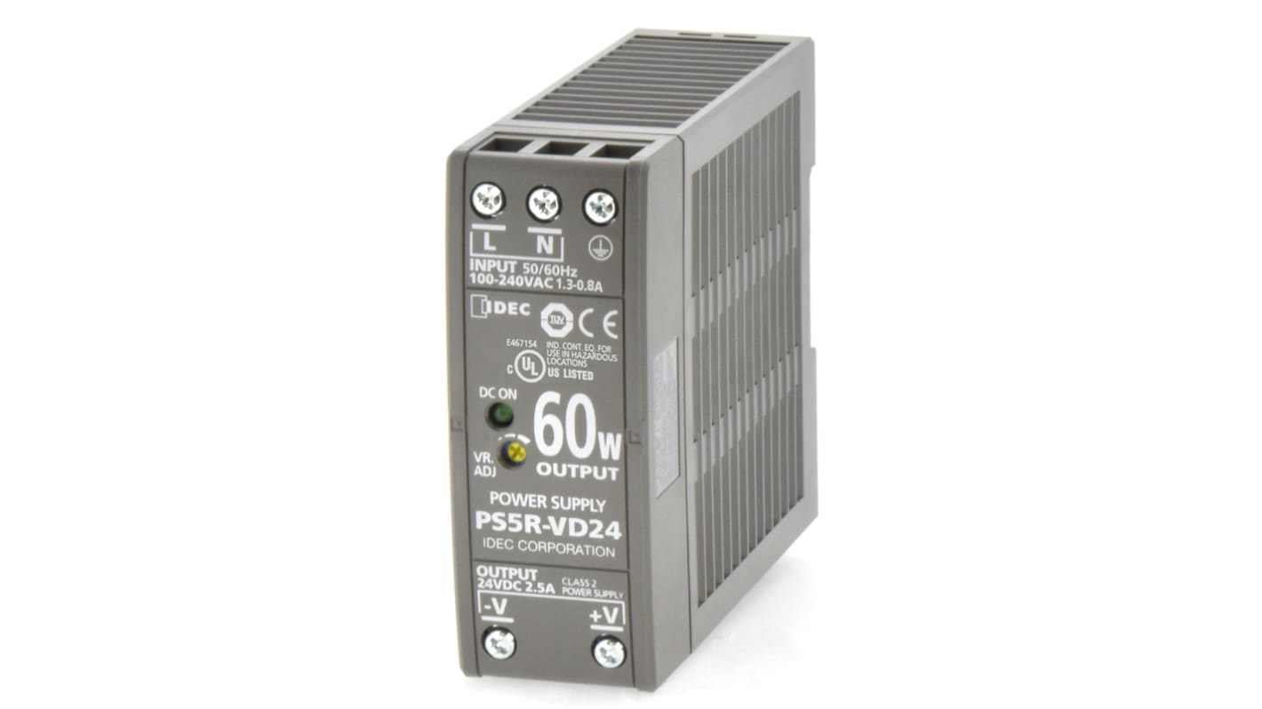 Idec PS5R DIN Rail Power Supply, 85 → 264V ac ac, dc Input, 24V dc dc Output, 2.5A Output, 60W