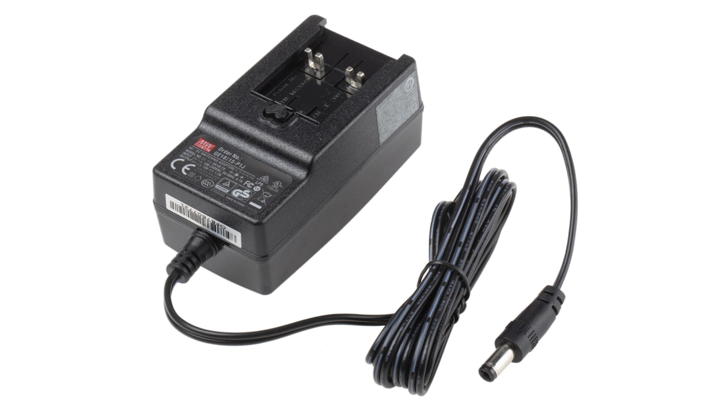 Mean Well 18W Plug-In AC/DC Adapter 15V dc Output, 1.2A Output