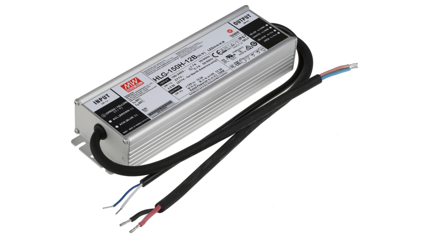 Mean Well LED Driver, 12V Output, 150W Output, 12.5A Output, Constant Voltage Dimmable