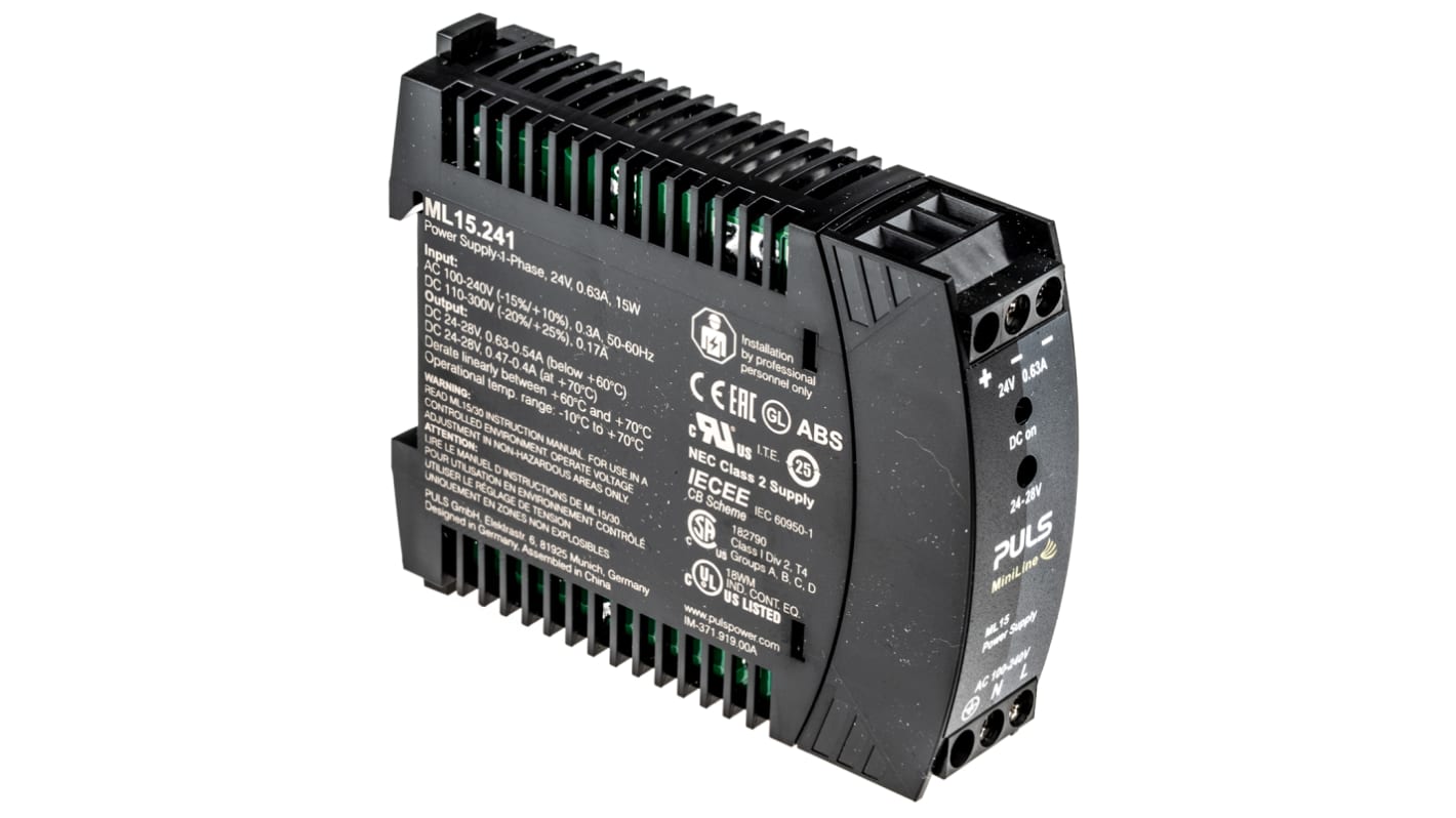 PULS MiniLine MLY Switch Mode DIN Rail Power Supply, 100 → 240V ac ac, dc Input, 24V dc dc Output, 630mA Output,