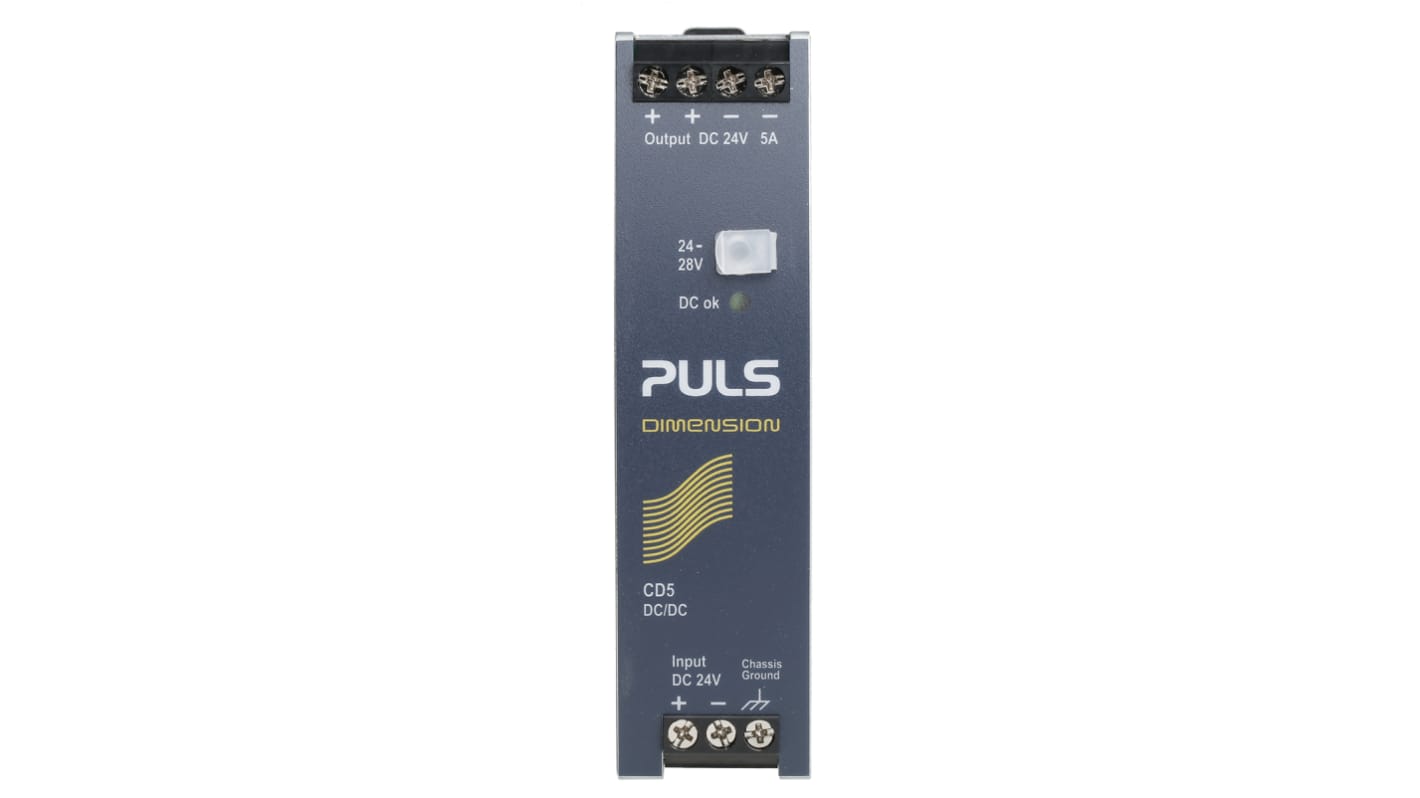 PULS DIMENSION-CD DC-DC Converter, 24V dc/ 5A Output, 18 → 32.4 V dc Input, 120W, DIN Rail Mount, +70°C Max Temp