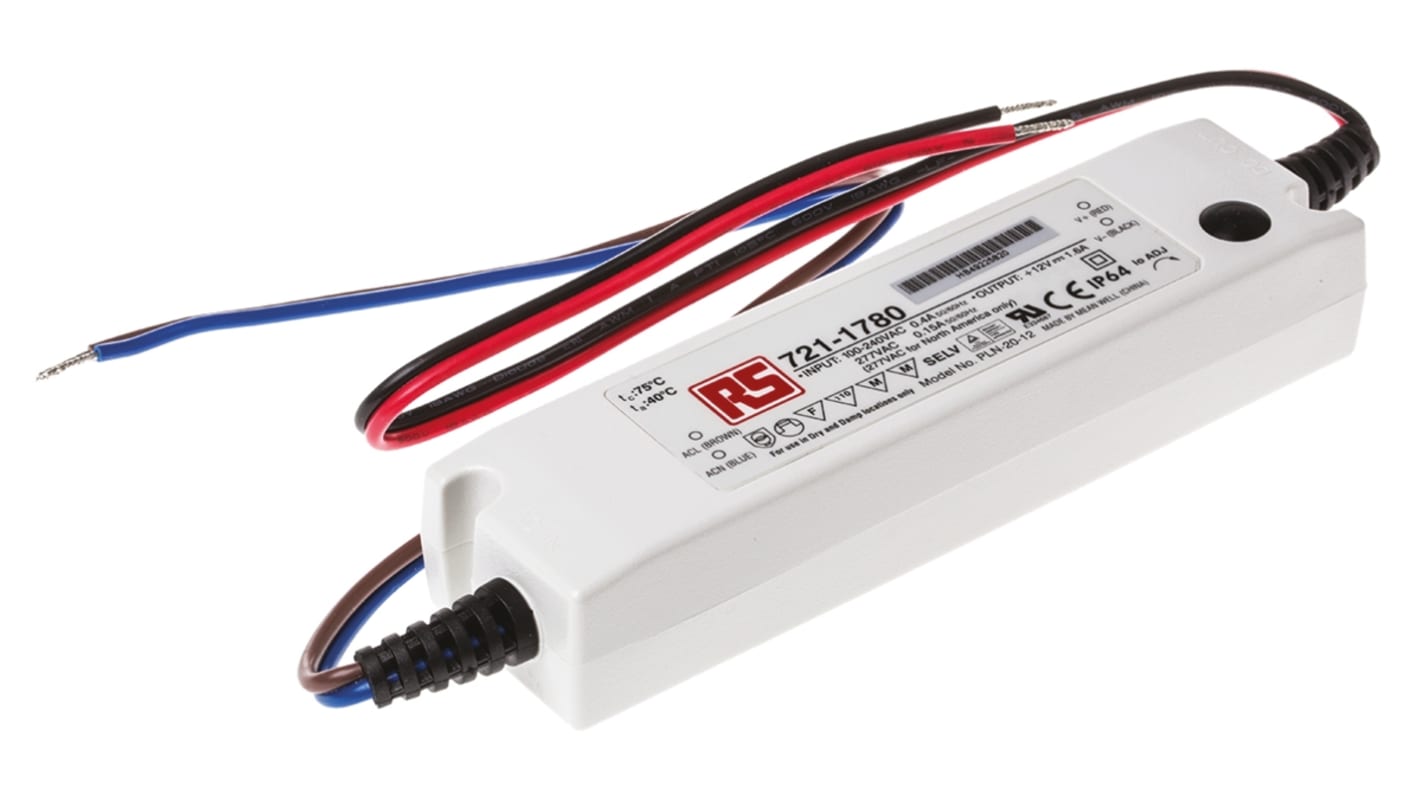 Mean Well LED Driver, 12V Output, 19.2W Output, 1.6A Output, Constant Voltage