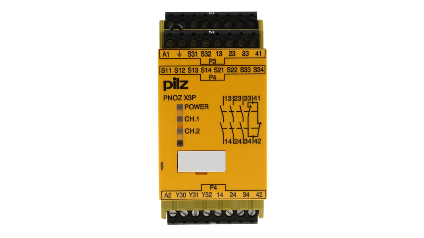 Pilz PNOZ X3P Series Dual-Channel Emergency Stop, Light Beam/Curtain, Safety Switch/Interlock Safety Relay, 24 →
