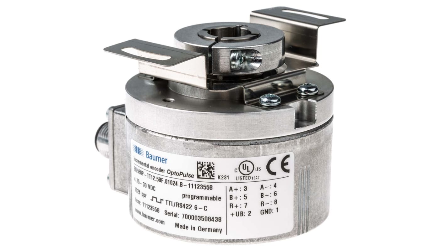 Baumer EIL580P Series Optical Incremental Encoder, 1 → 65536 ppr, TTL/HTL Signal, Hollow Type, 12mm Shaft