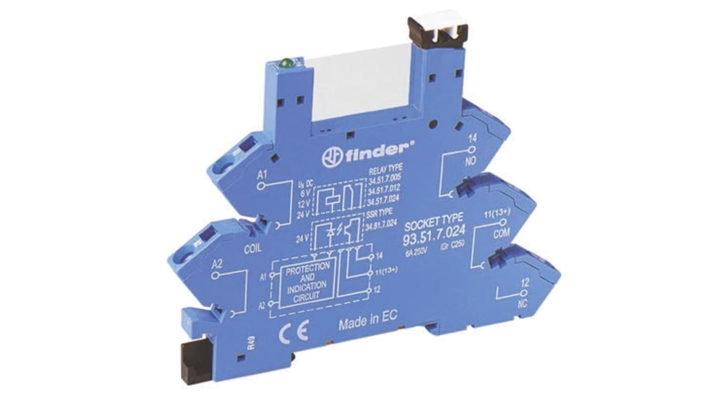 Finder 93 Relay Socket for use with 34.51, 34.81 5 Pin, DIN Rail, 250V ac