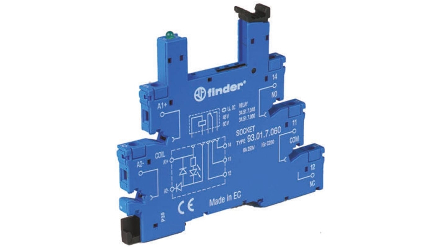 Finder 93 Relay Socket for use with 34.51, 34.81 5 Pin, DIN Rail, 250V ac
