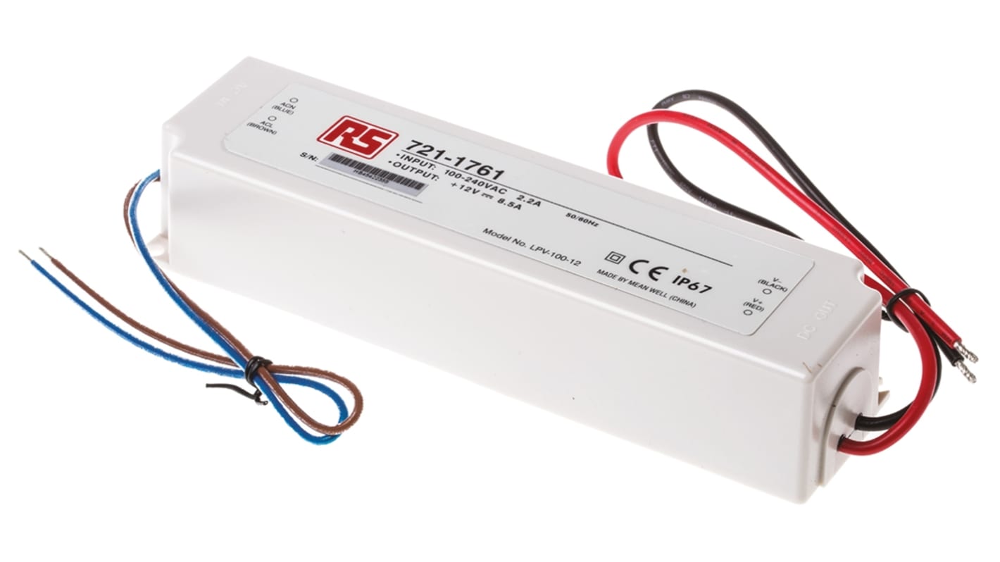 Mean Well LED Driver, 12V Output, 102W Output, 8.5A Output, Constant Voltage