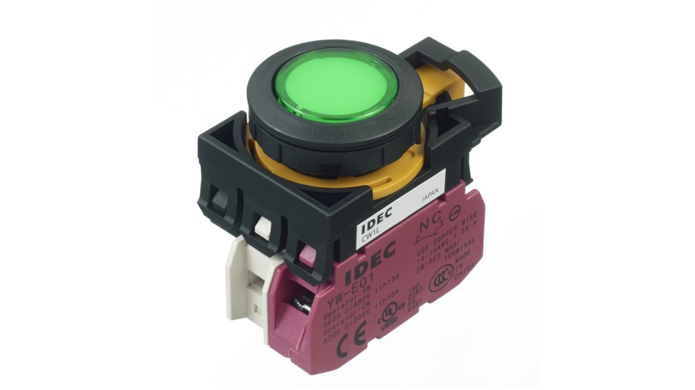 Idec CW Series Illuminated Push Button, Panel Mount, SPST, 22mm Cutout, IP65